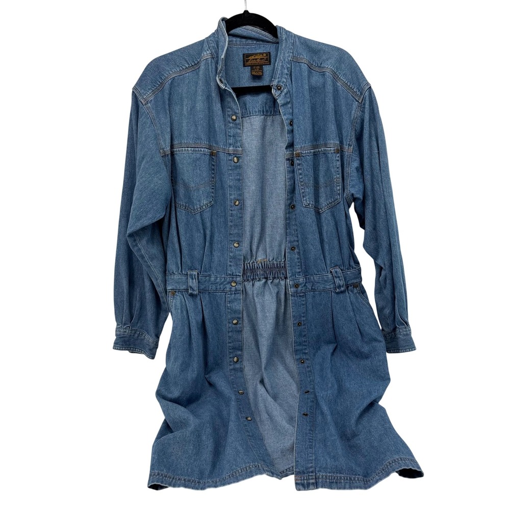 Eddie Bauer Denim Shirt Dress Womens Large Blue Front Elastic Waist Long Sleeve